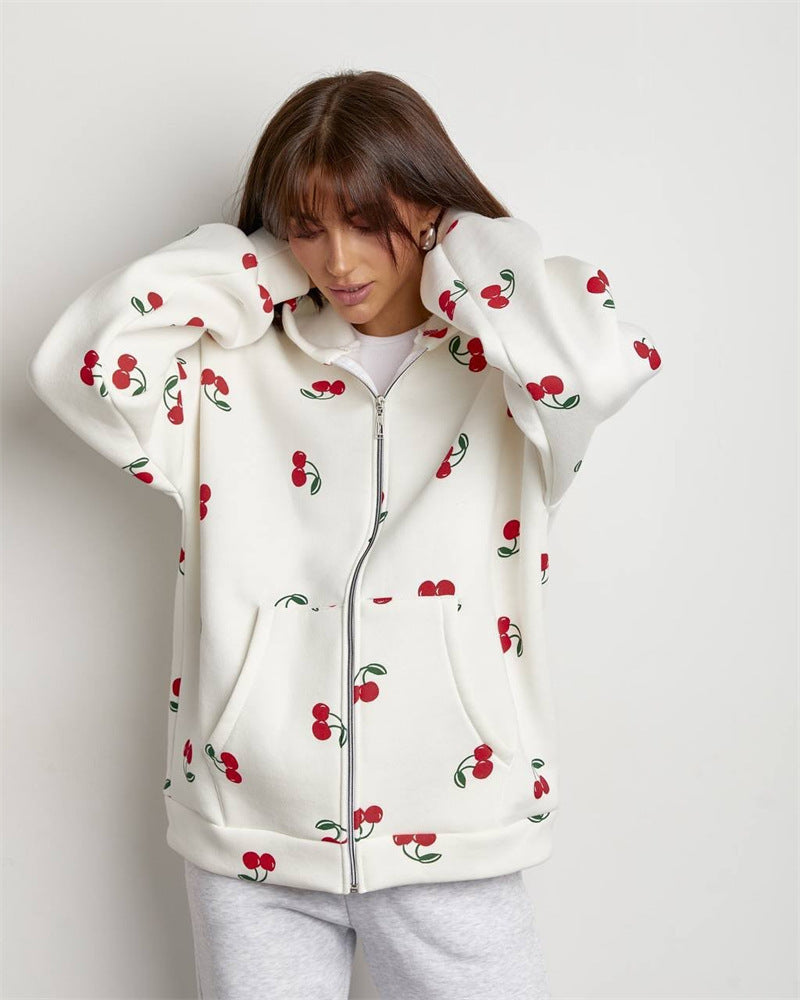 Sweat-shirt à capuche et fermeture éclair pour femmes avec impression de cerises - Mely
