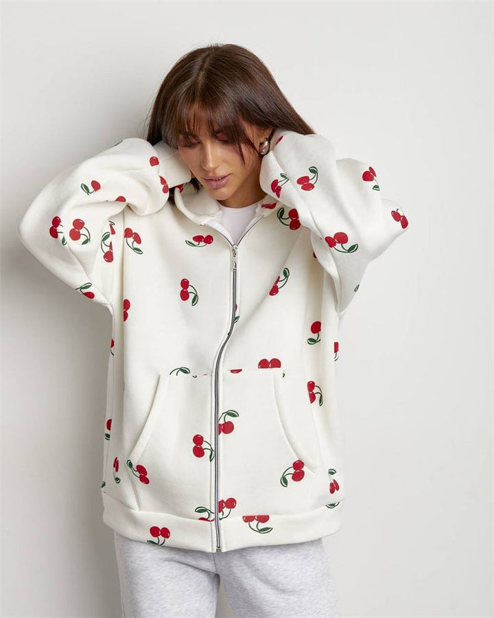 Sweat-shirt à capuche et fermeture éclair pour femmes avec impression de cerises - Mely
