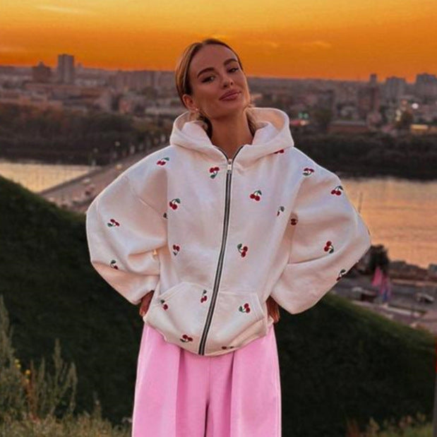 Sweat-shirt à capuche et fermeture éclair pour femmes avec impression de cerises - Mely