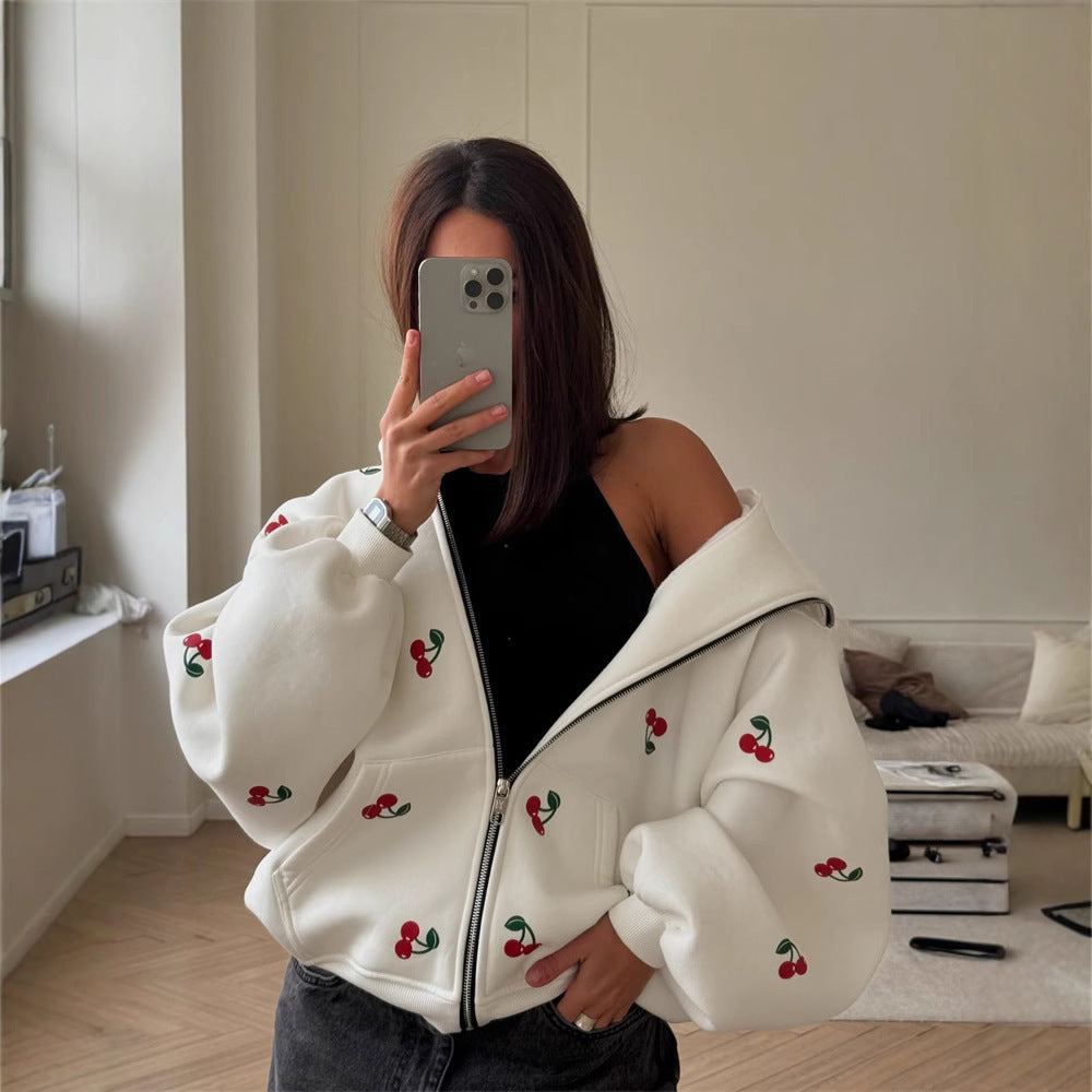 Sweat-shirt à capuche et fermeture éclair pour femmes avec impression de cerises - Mely