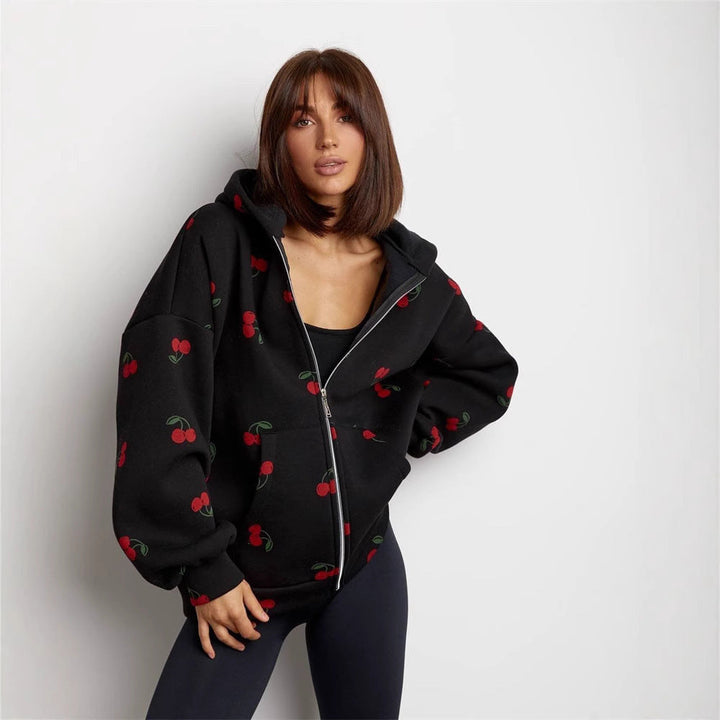 Sweat-shirt à capuche et fermeture éclair pour femmes avec impression de cerises - Mely