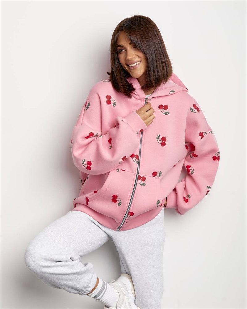 Sweat-shirt à capuche et fermeture éclair pour femmes avec impression de cerises - Mely
