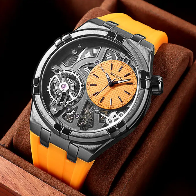 Montre mécanique à remontage automatique avec cadran ouvert et bracelet en silicone pour hommes