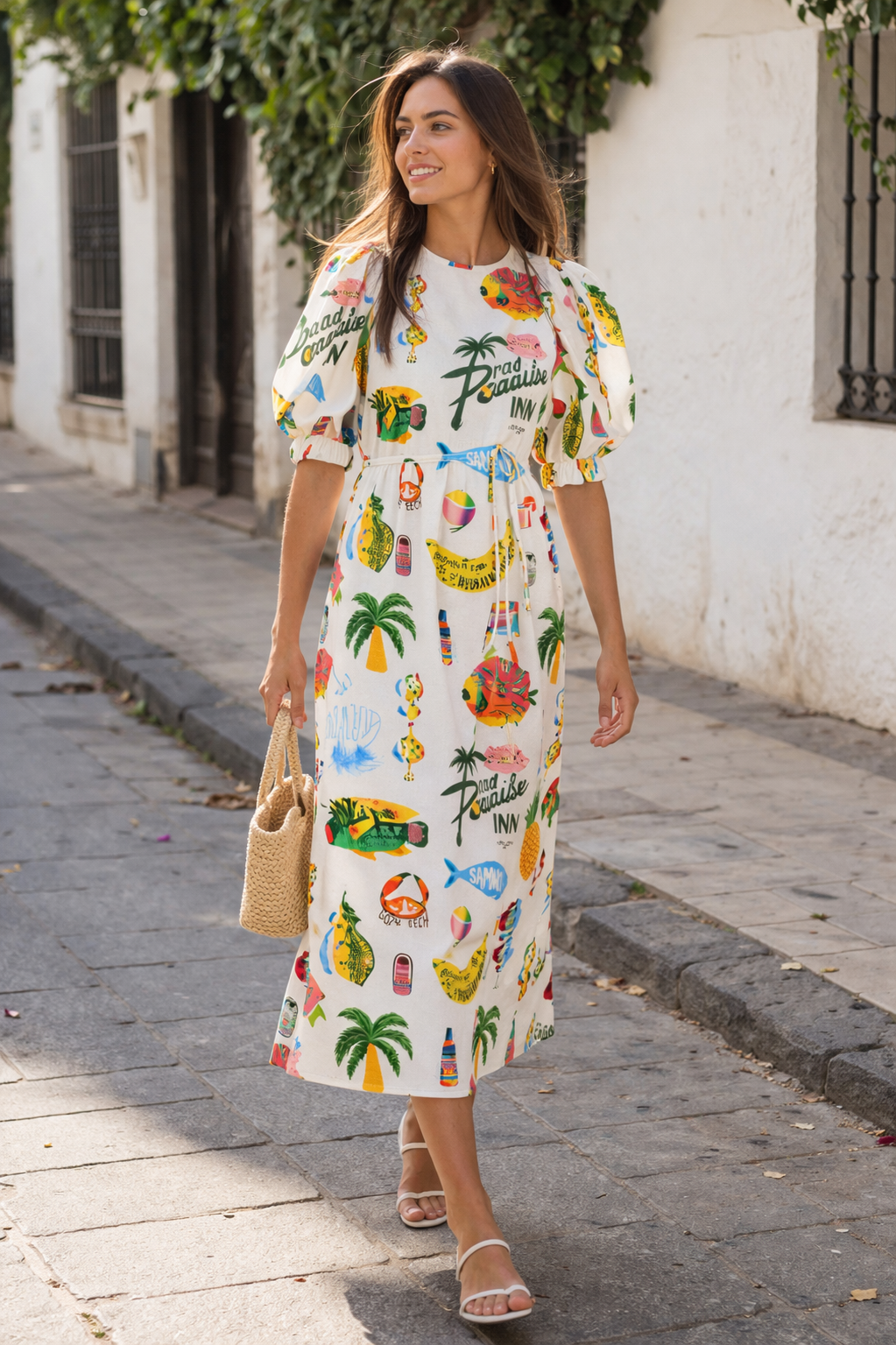 Robe à manches bouffantes imprimée pour femme style estival décontracté confortable - Stella