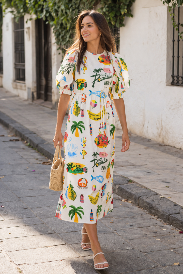 Robe à manches bouffantes imprimée pour femme style estival décontracté confortable - Stella