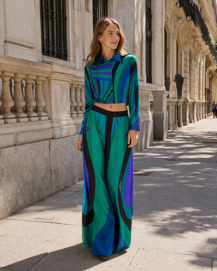 Top à manches longues pour femmes, manches longues, pantalon large, imprimé élégant - Jenna