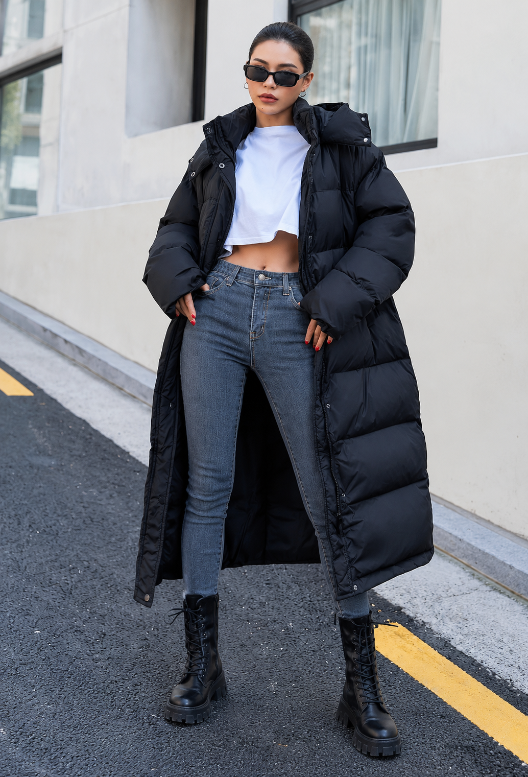 Manteau matelassé long femme oversize à capuche et col montant - Selma