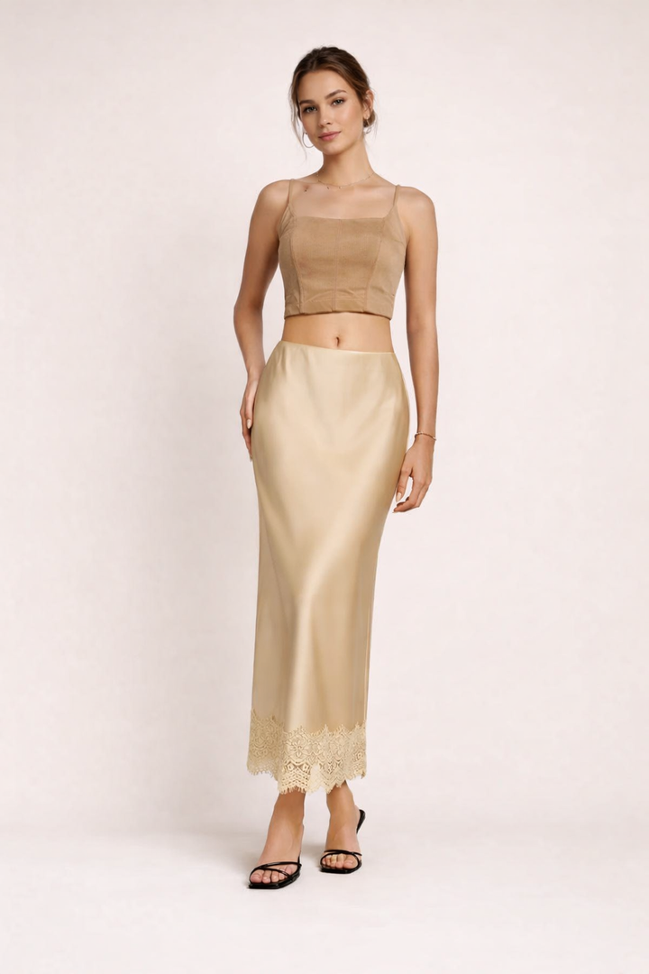 Jupe longue pour femmes, finition unie, détails en dentelle, style élégant - Mireya