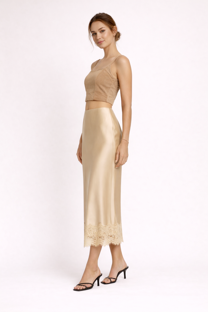 Jupe longue pour femmes, finition unie, détails en dentelle, style élégant - Mireya