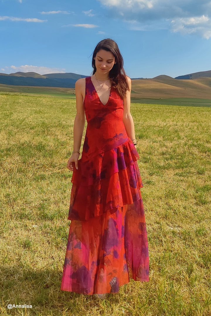 Robe longue à imprimé floral et volants pour femmes - Camila