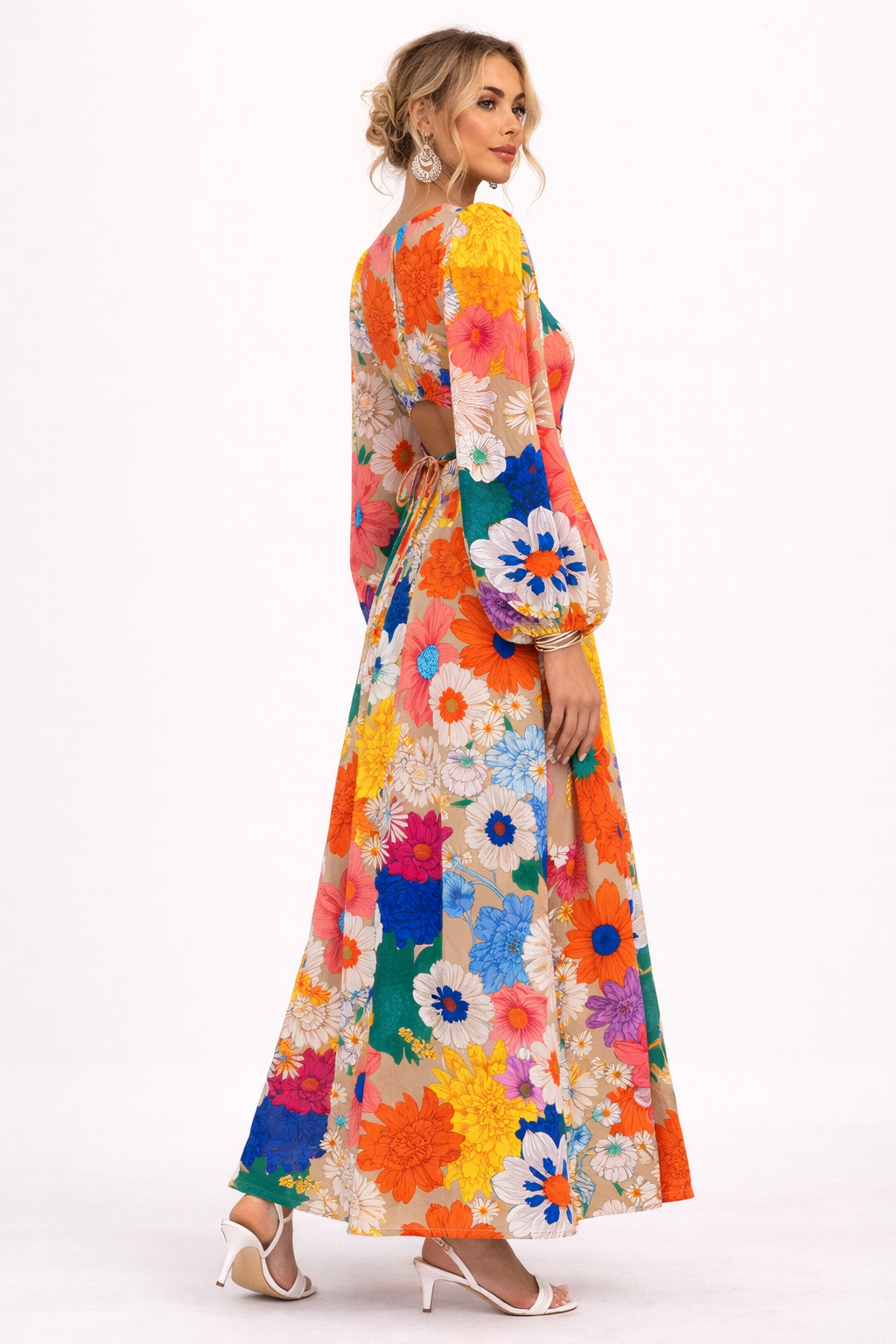Robe longue à imprimé floral et manches longues bouffantes - Orlena