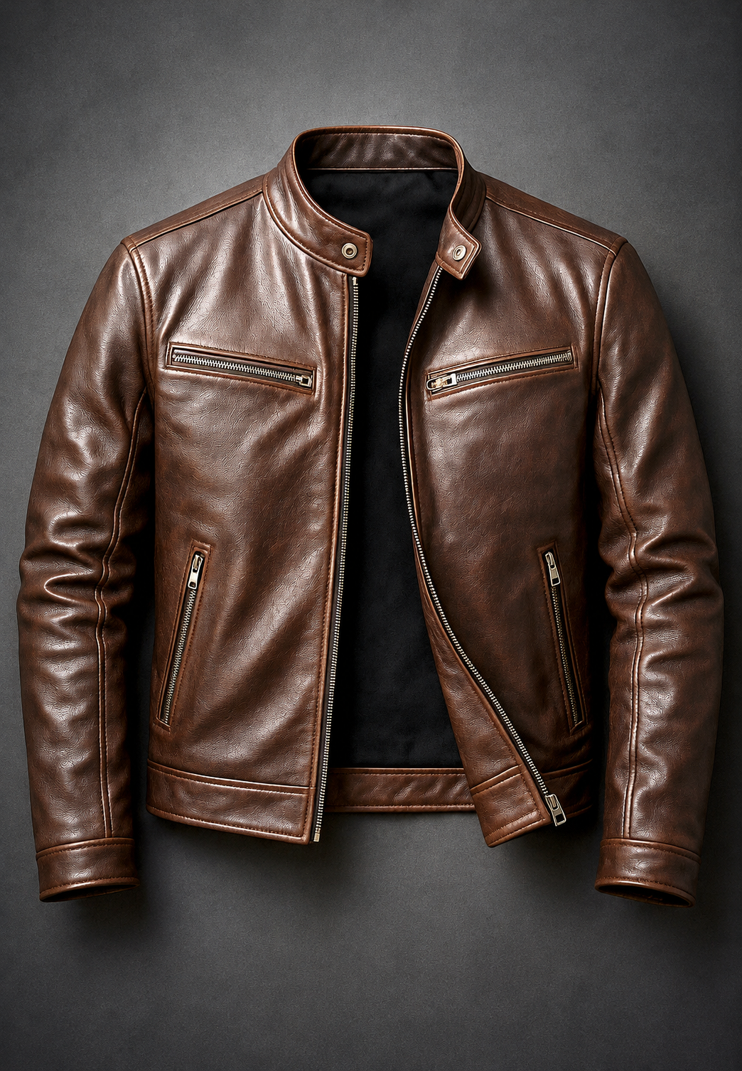 Blouson biker homme effet cuir col officier quatre poches zippées - Kaelor