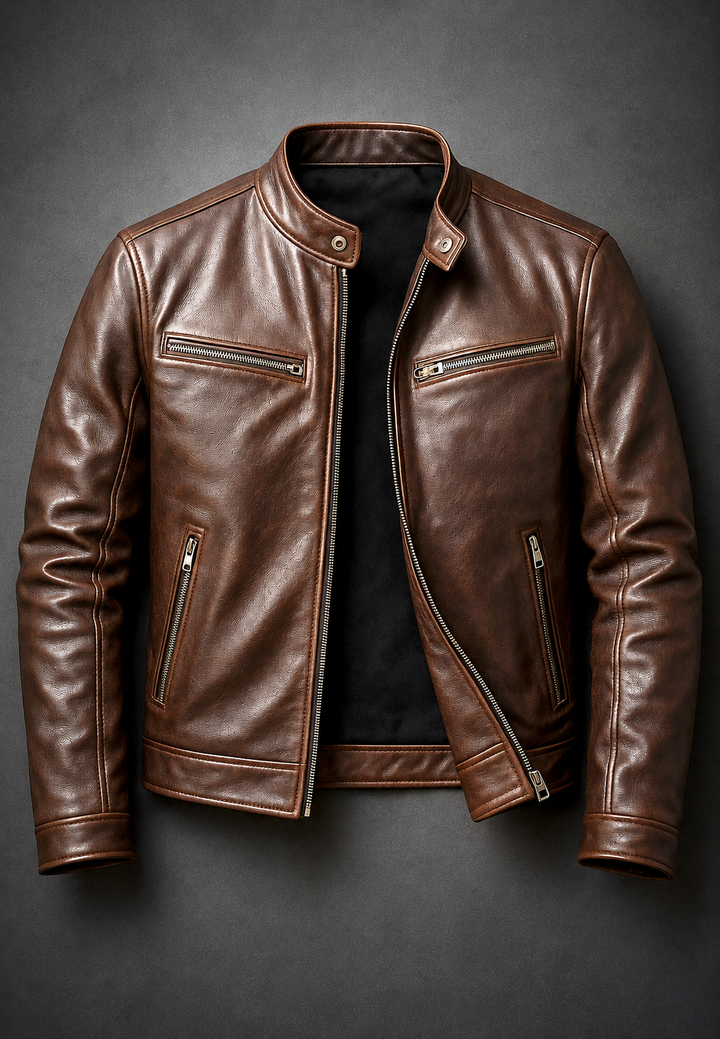 Blouson biker homme effet cuir col officier quatre poches zippées - Kaelor