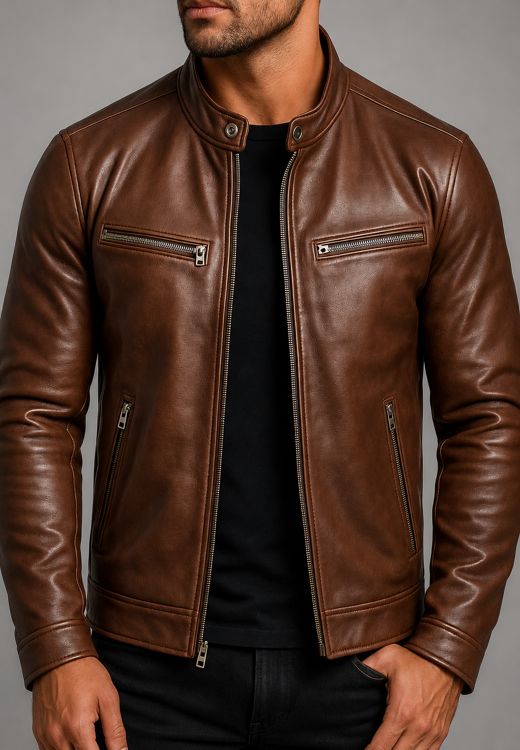 Blouson biker homme effet cuir col officier quatre poches zippées - Kaelor