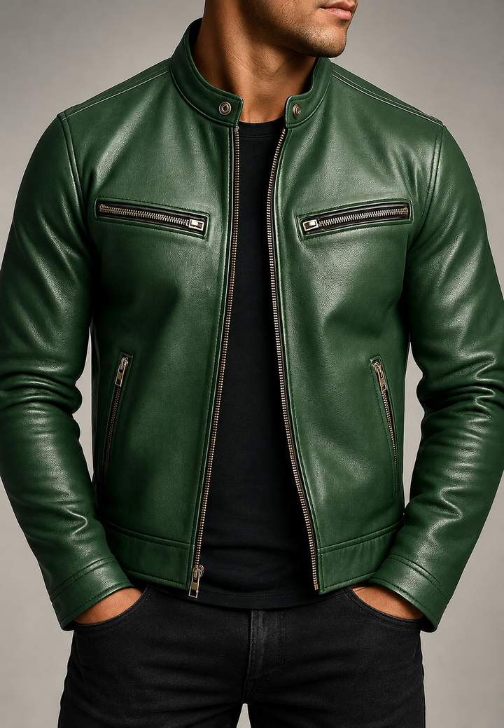 Blouson biker homme effet cuir col officier quatre poches zippées - Kaelor