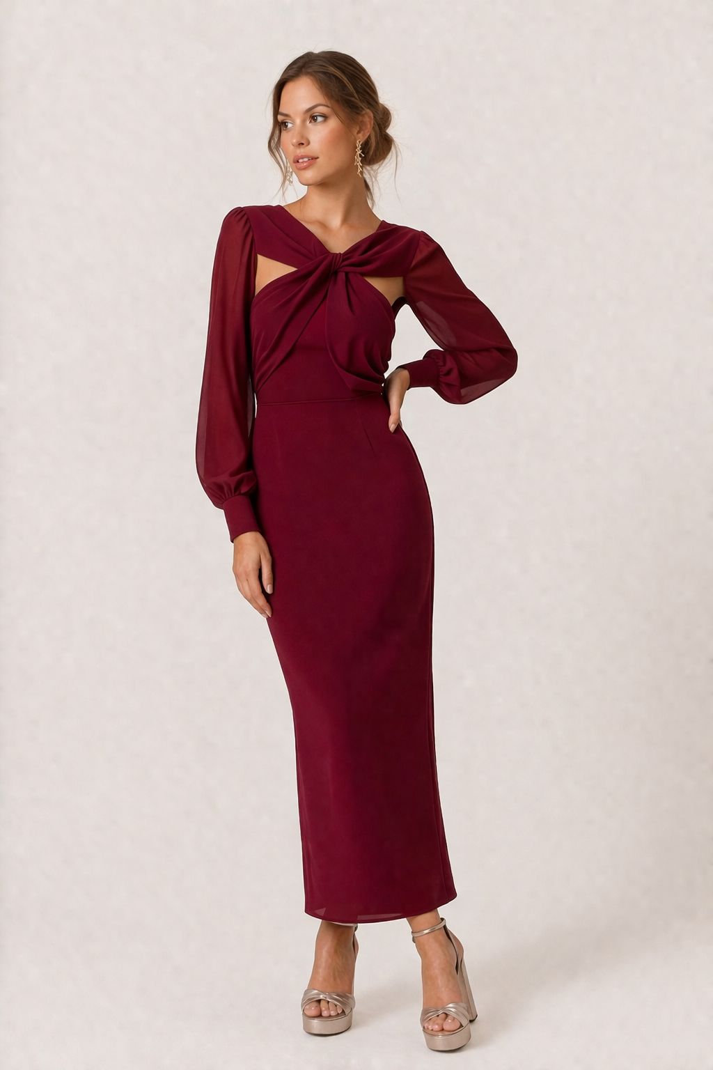 Robe midi pour femmes, nouée sur le devant, manches longues, élégante et féminine - Isolde