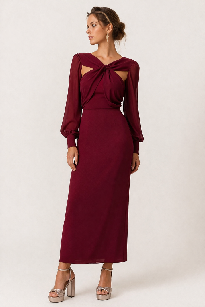 Robe midi pour femmes, nouée sur le devant, manches longues, élégante et féminine - Isolde