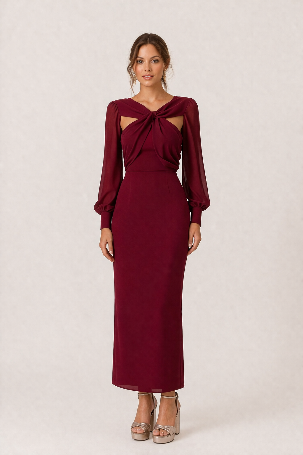 Robe midi pour femmes, nouée sur le devant, manches longues, élégante et féminine - Isolde