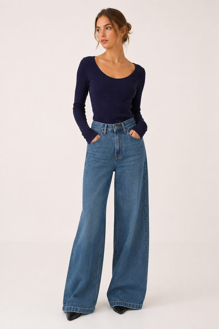 Jean baggy pour femme, taille haute, jambes larges et coupe droite - Freja