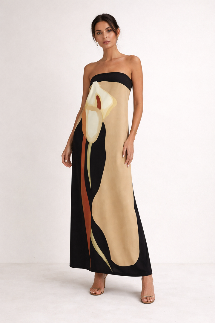 Robe longue d'été sans bretelles imprimée avec élégance - Rivelle