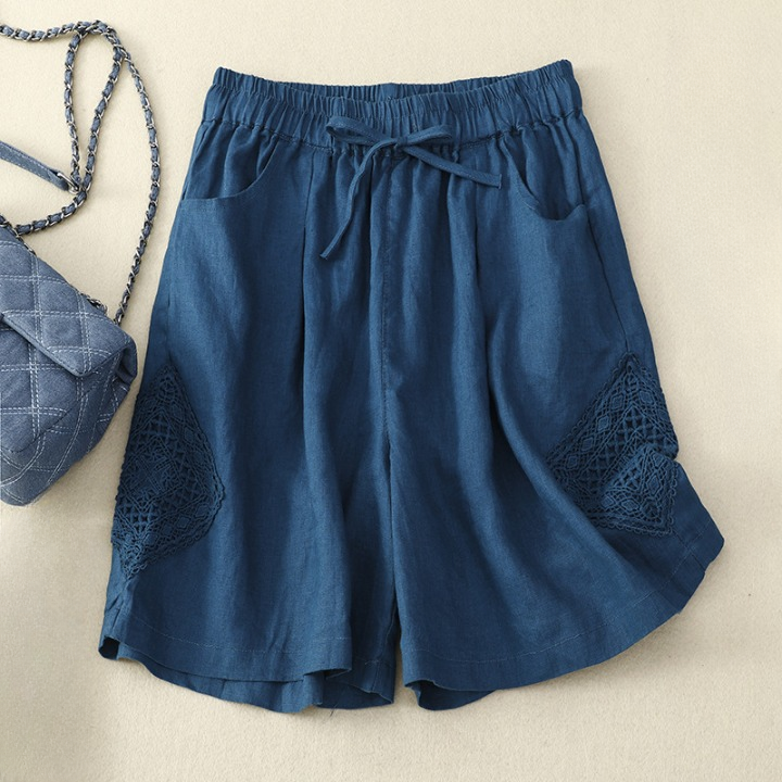Short en lin pour femme avec broderie sur le côté et taille réglable - Paloma