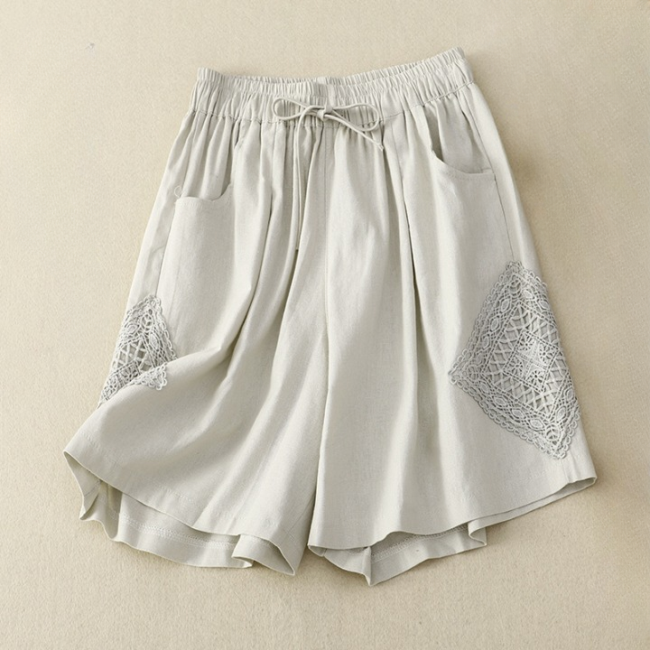 Short en lin pour femme avec broderie sur le côté et taille réglable - Paloma