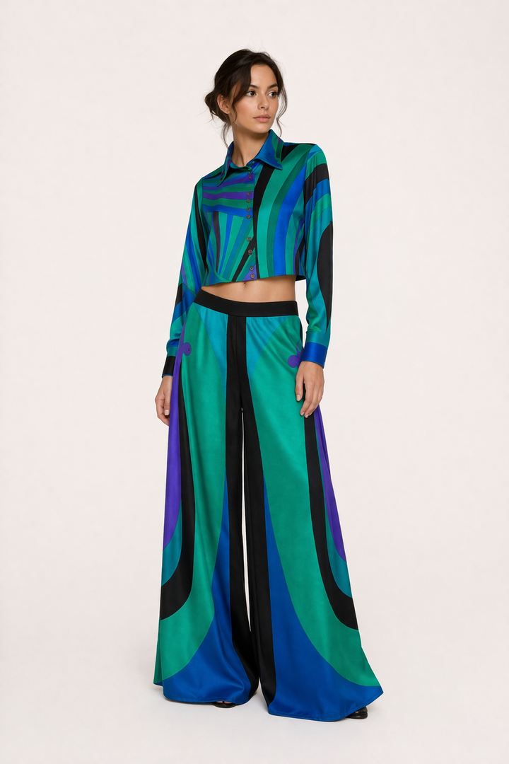 Top à manches longues pour femmes, manches longues, pantalon large, imprimé élégant - Jenna