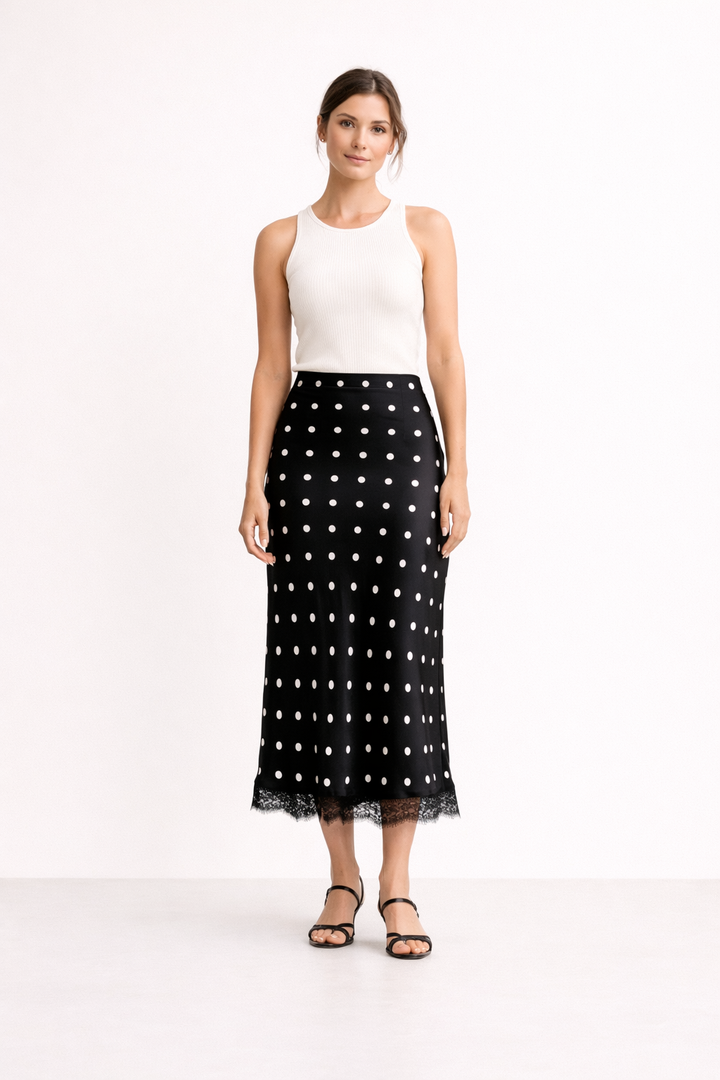 Jupe midi pour femme avec imprimé à pois et élégante dentelle - Solenne