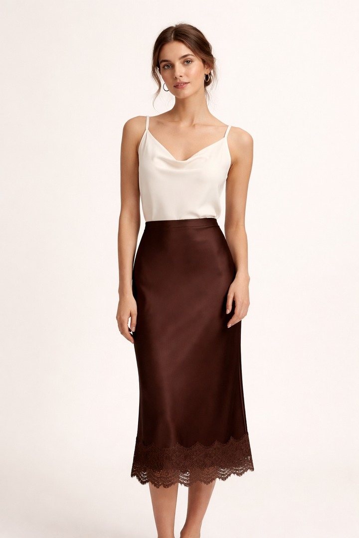 Jupe longue pour femmes, finition unie, détails en dentelle, style élégant - Mireya