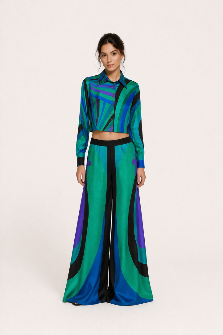 Top à manches longues pour femmes, manches longues, pantalon large, imprimé élégant - Jenna