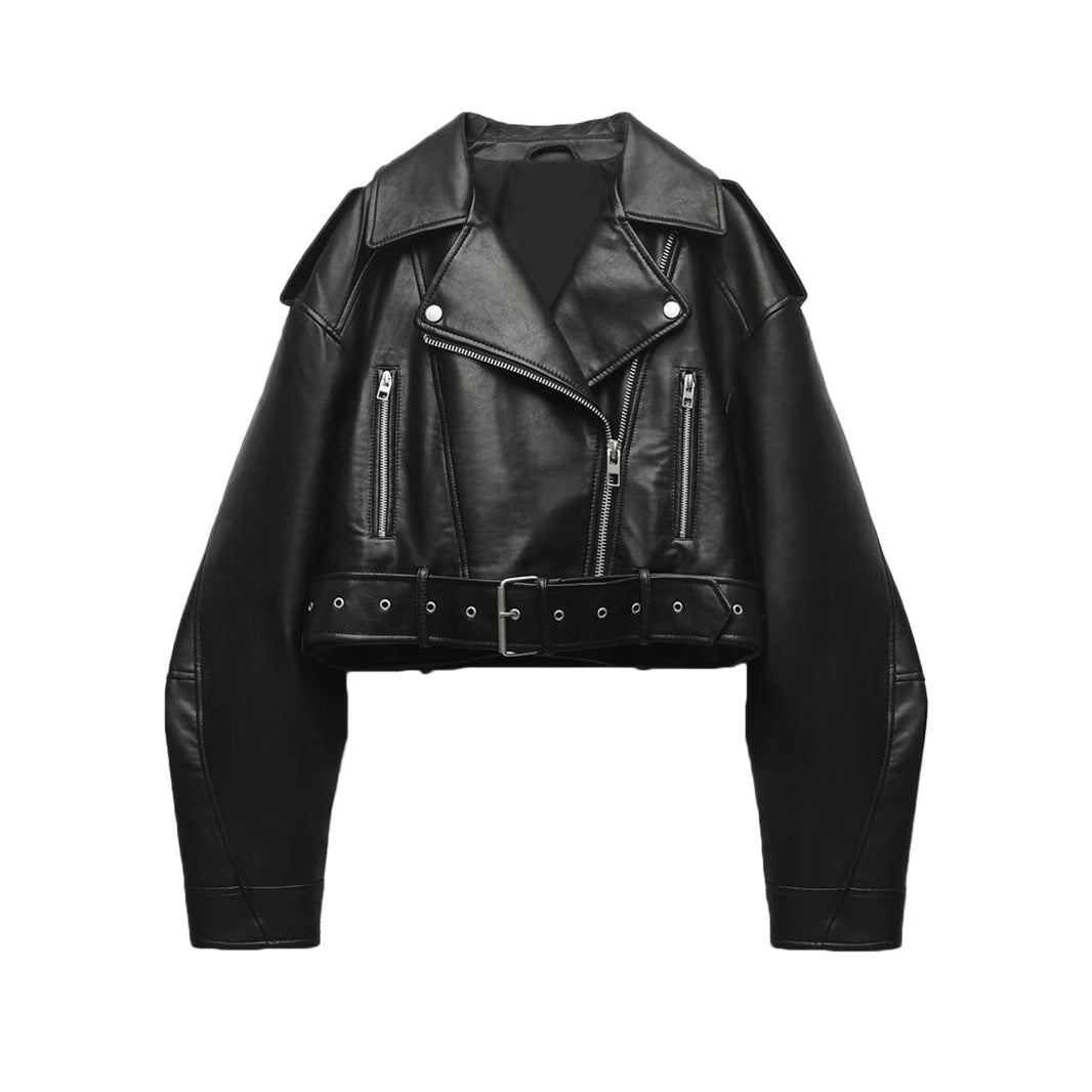 Veste courte de motard pour femme avec ceinture et fermeture croisée - Zaireth