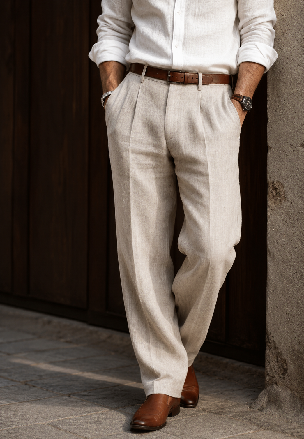 Pantalon homme en lin, coupe droite, à pinces - Manuel
