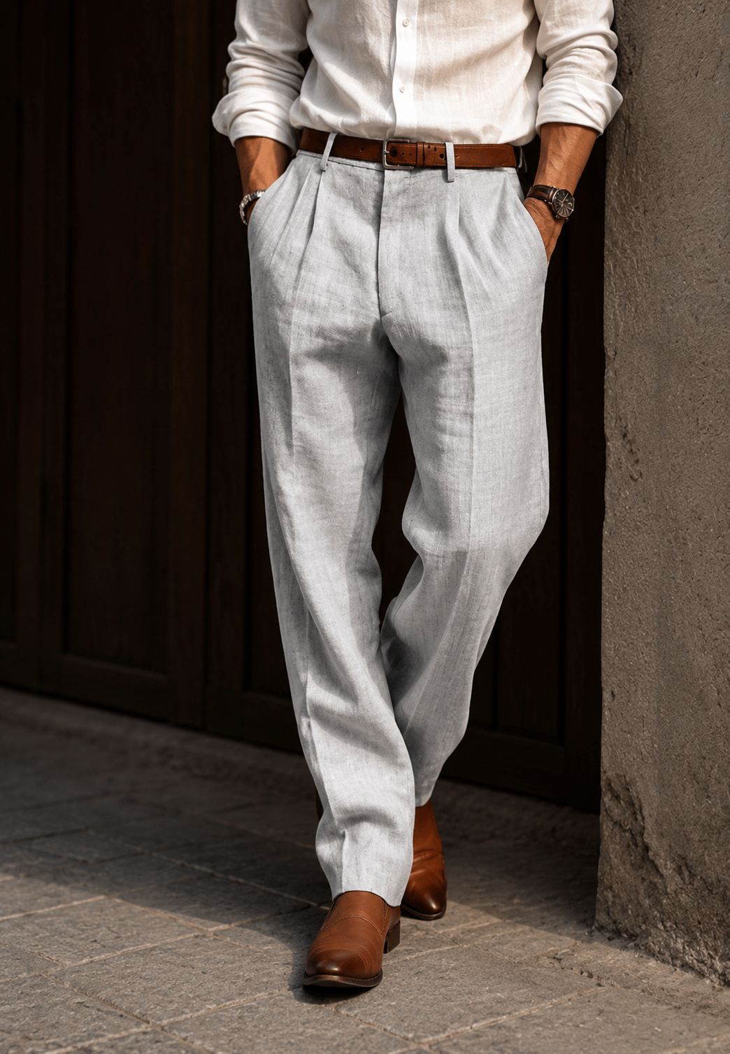 Pantalon homme en lin, coupe droite, à pinces - Manuel