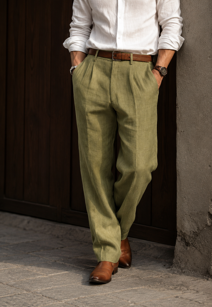 Pantalon homme en lin, coupe droite, à pinces - Manuel