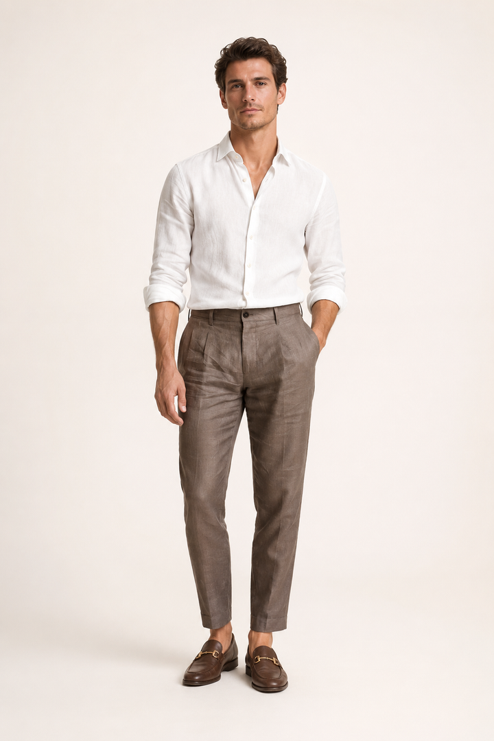 Pantalon en lin pour homme à pinces, coupe droite et longueur cheville - Wolfram