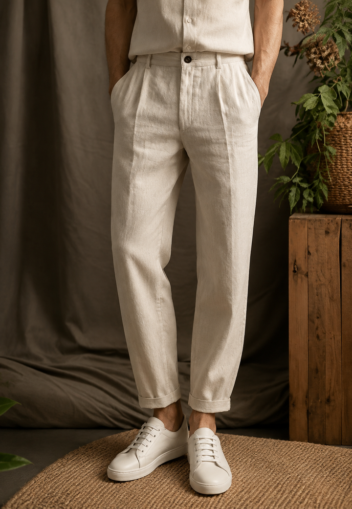 Pantalon homme en lin à pinces, coupe droite, passants et poches latérales - René
