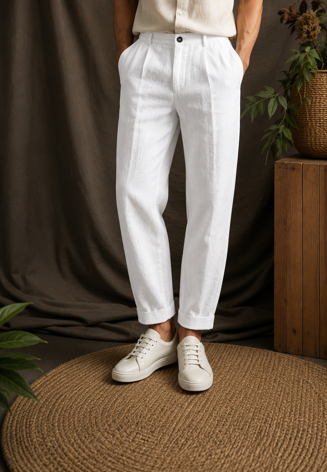 Pantalon homme en lin à pinces, coupe droite, passants et poches latérales - René