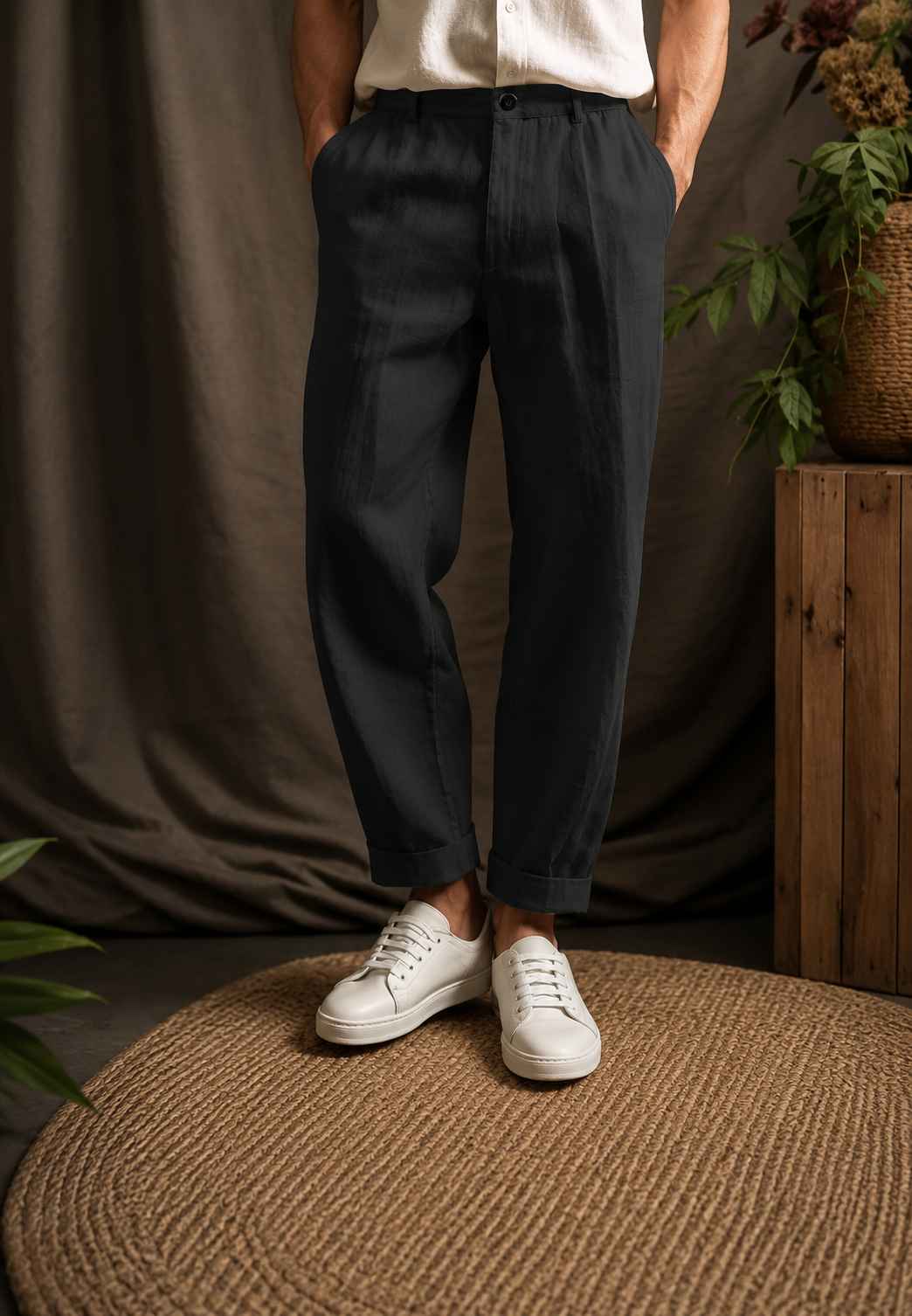 Pantalon homme en lin à pinces, coupe droite, passants et poches latérales - René