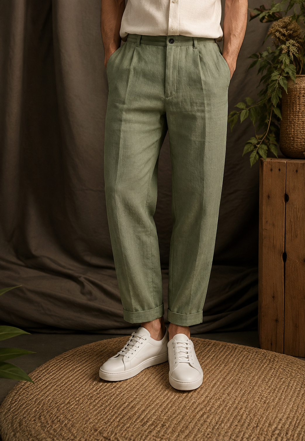 Pantalon homme en lin à pinces, coupe droite, passants et poches latérales - René