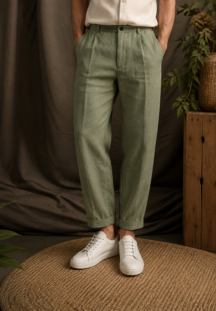 Pantalon homme en lin à pinces, coupe droite, passants et poches latérales - René