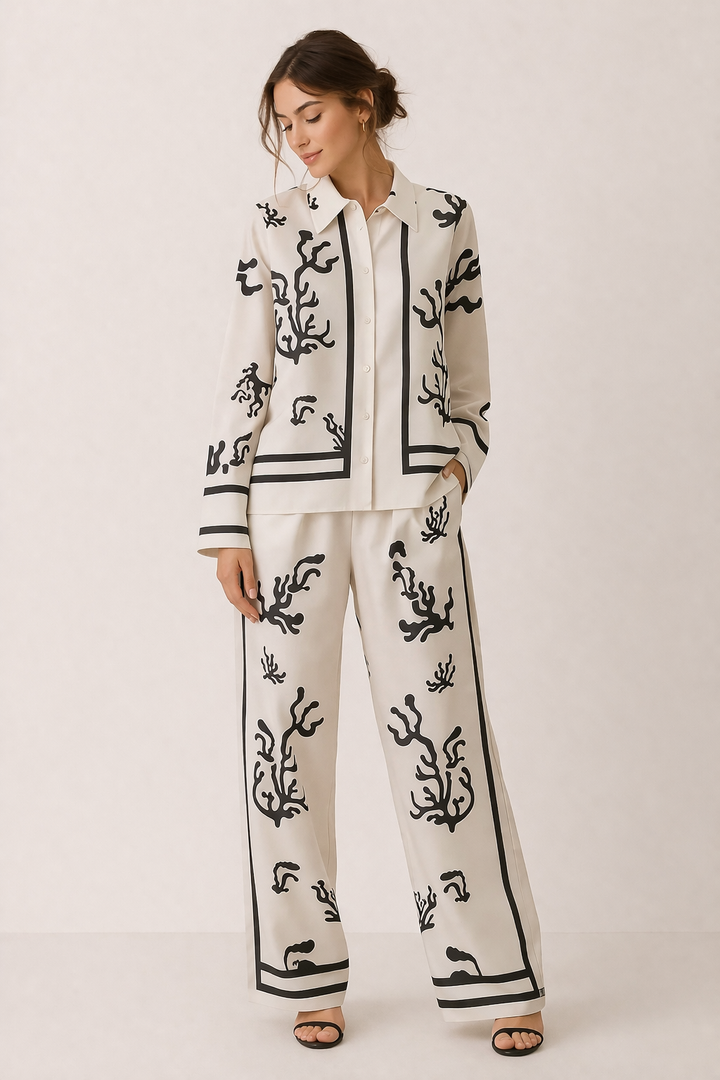 Ensemble femme chemisier pantalon large imprimé élégant - Peony