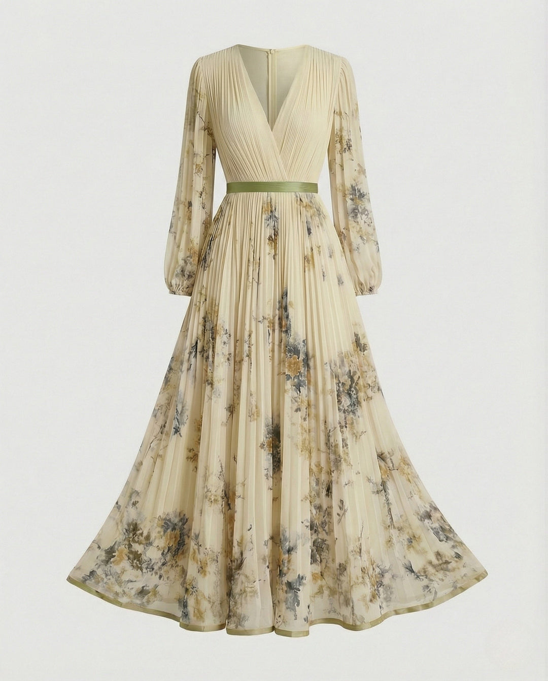 Robe longue plissée à manches longues et encolure croisée pour femmes - Alwine