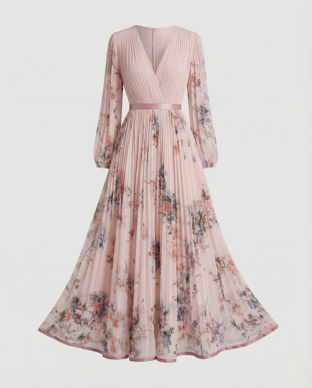 Robe longue plissée à manches longues et encolure croisée pour femmes - Alwine
