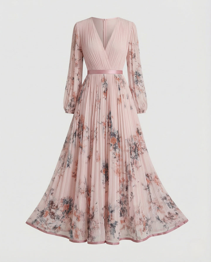 Robe longue plissée à manches longues et encolure croisée pour femmes - Alwine