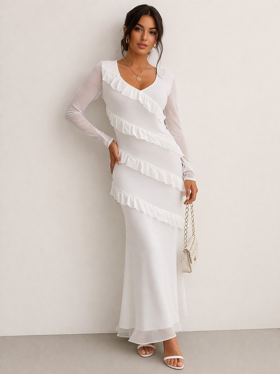 Robe à manches longues à volants pour femmes, coupe ajustée - Victoria