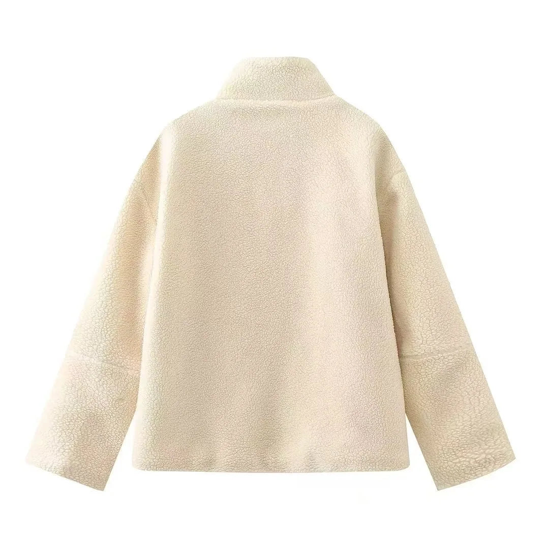 Manteau en peluche à large revers et fermeture sur le devant pour femmes - Aino
