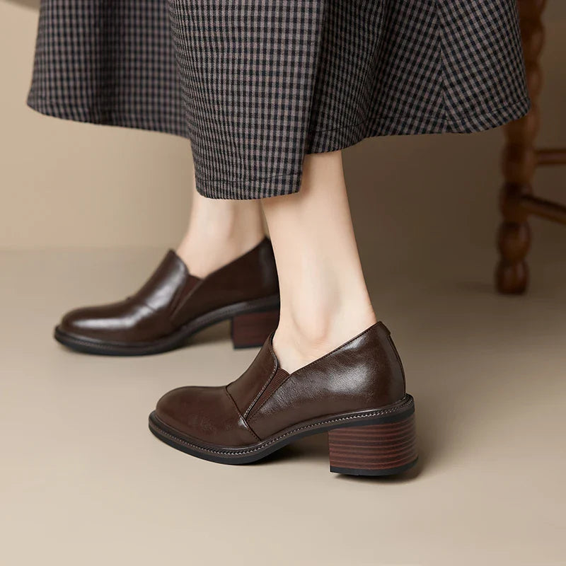 Mocassins en cuir pour femme avec talon large et bout rond - Maelle