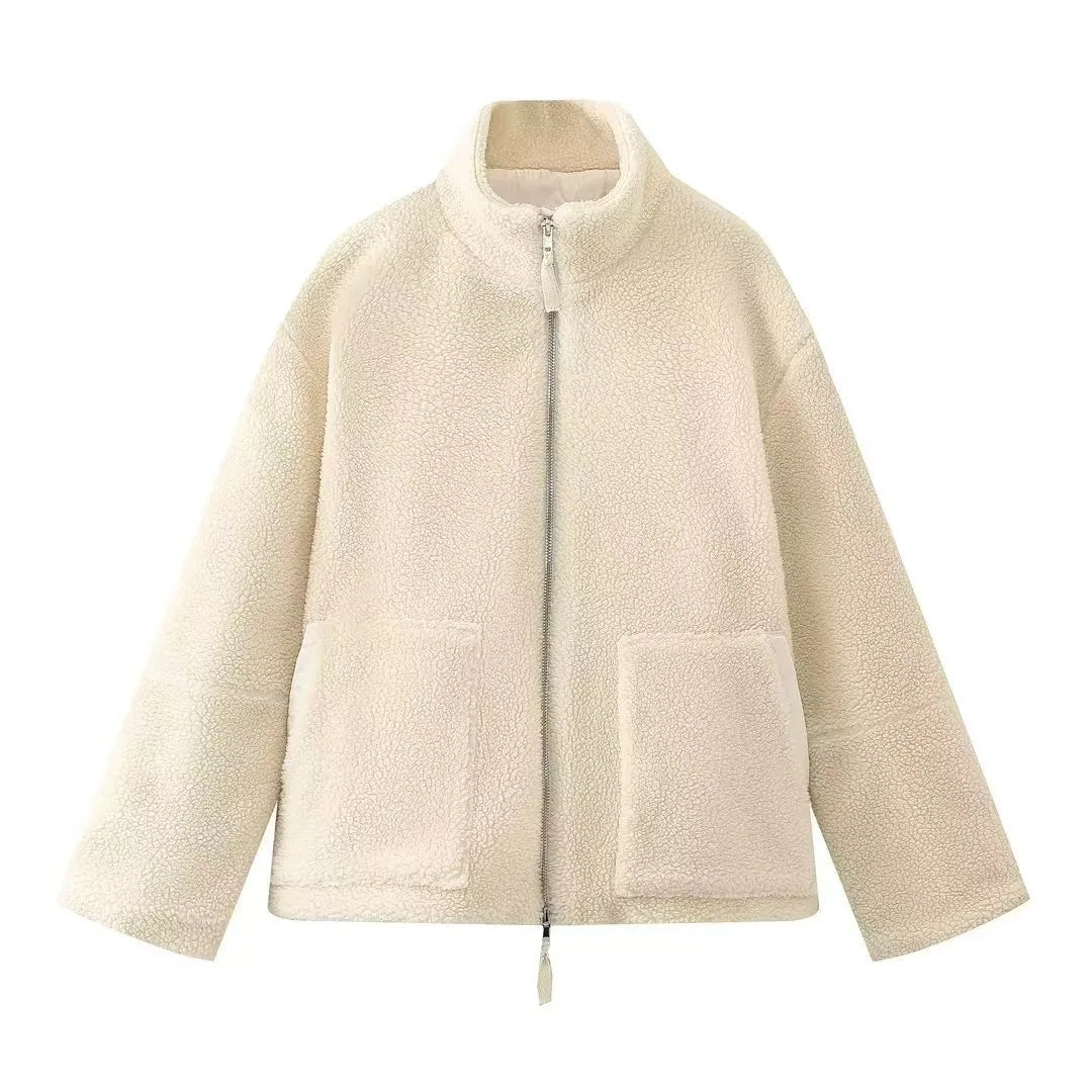 Manteau en peluche à large revers et fermeture sur le devant pour femmes - Aino