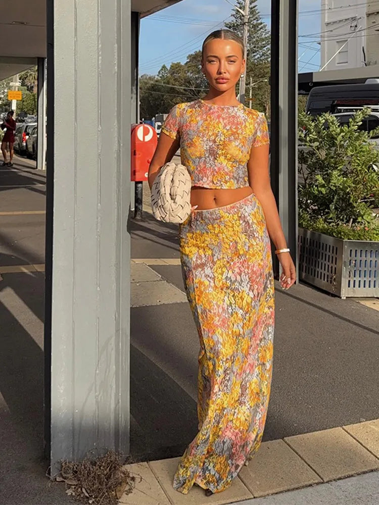Ensemble femme avec top court et jupe longue imprimée - Selira