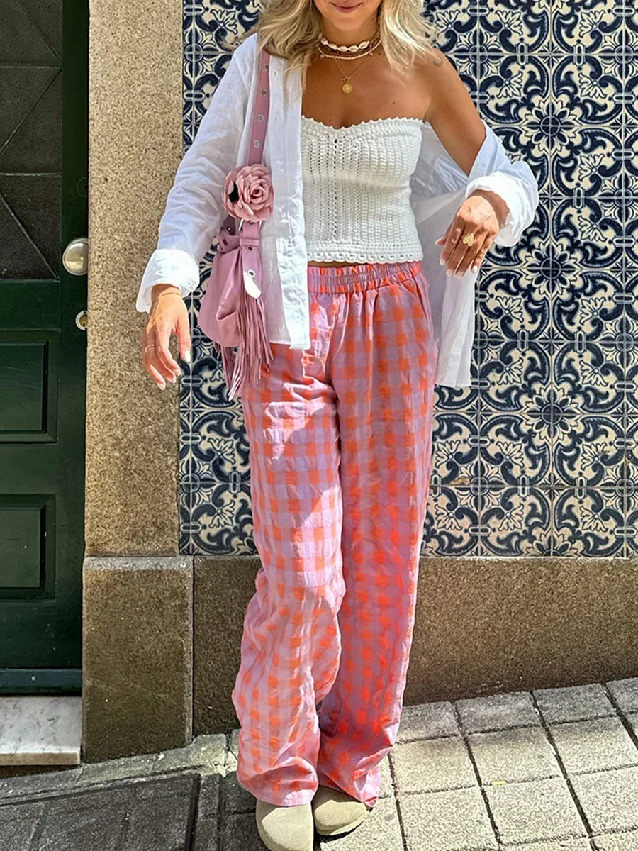 Pantalon à carreaux pour femmes, taille haute et jambe droite - Nara